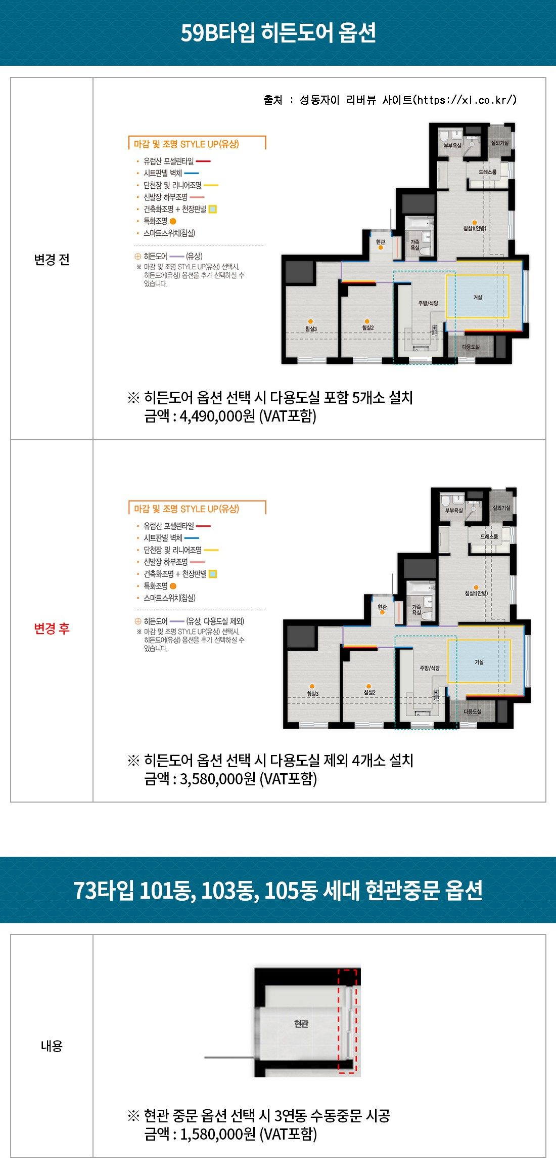 성동자이 리버뷰 옵션 안내 — 59B 히든도어 5개소 449만원·4개소 358만원, 73㎡ 101·103·105동 현관중문 158만원