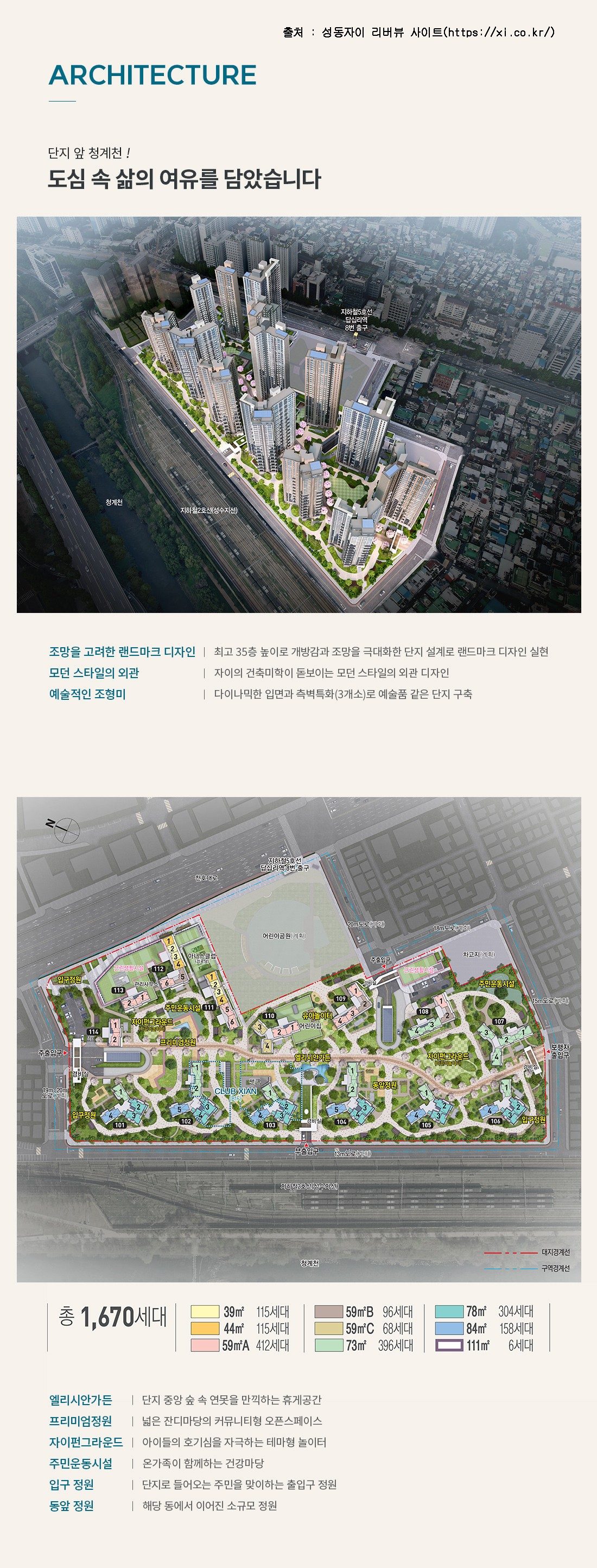 성동자이 리버뷰 단지배치도 — 101~114동 14개 동, 청계천과 천호대로 사이, CLUB XIAN·엘리시안가든 위치